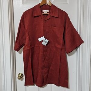 NWT Daniel Ellissa Men's Linen Short Sleeve Button Up Red Brick Shirt Size L